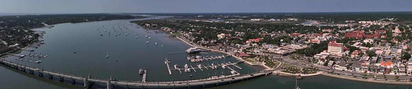 Aerial view of downtown St. Augustine, the Bridge of Lions, and Matanzas Bay